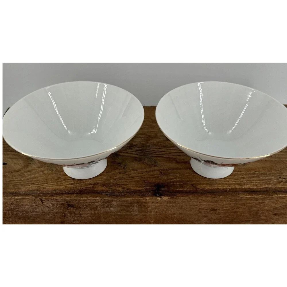 Rice Bowls Set of 4 Japanese Porcelain Vintage Red Poppy Floral Gold‎ Trim